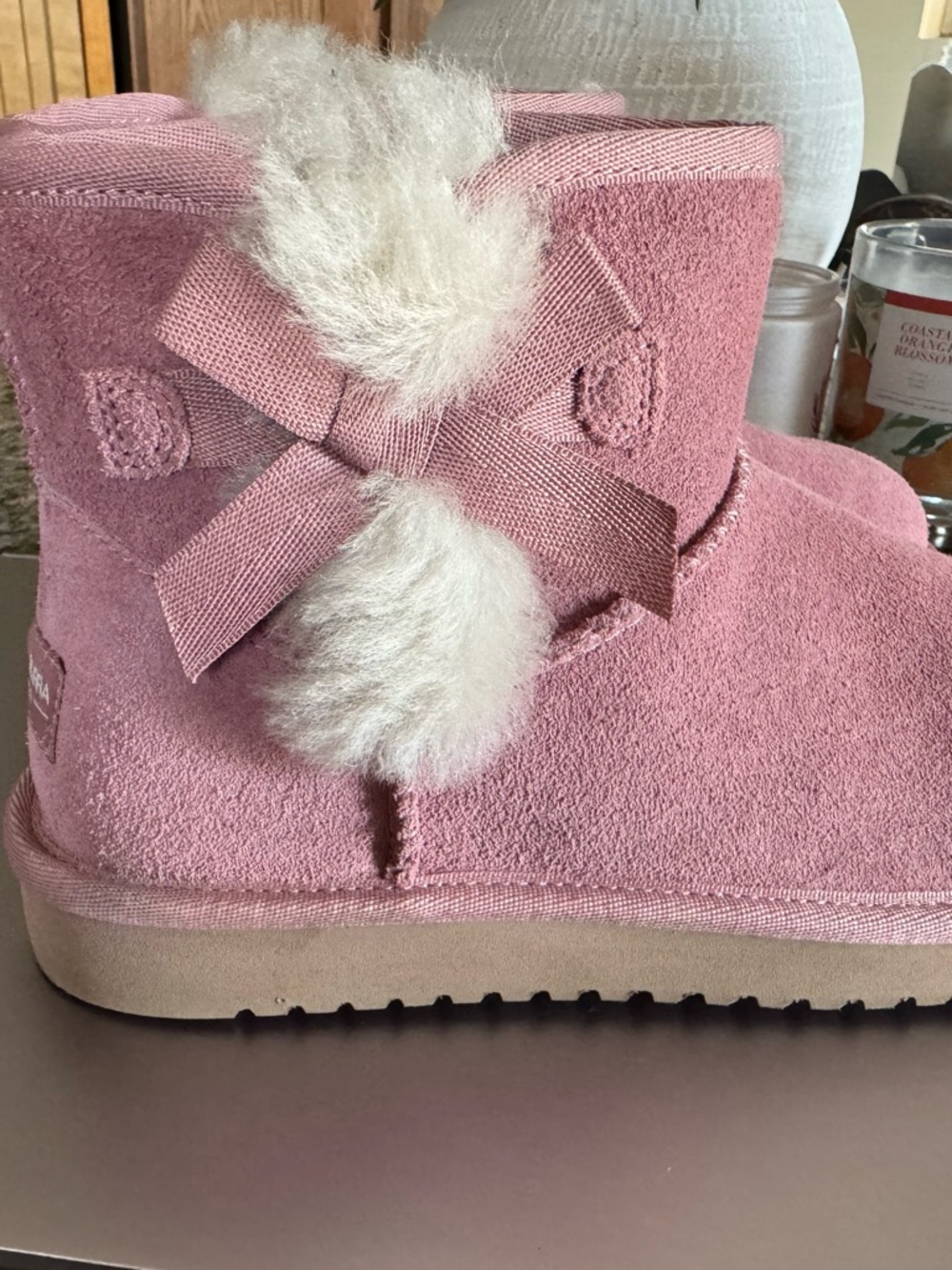 UGG Pink Suede Ankle Booties with Shearling Pom Bows